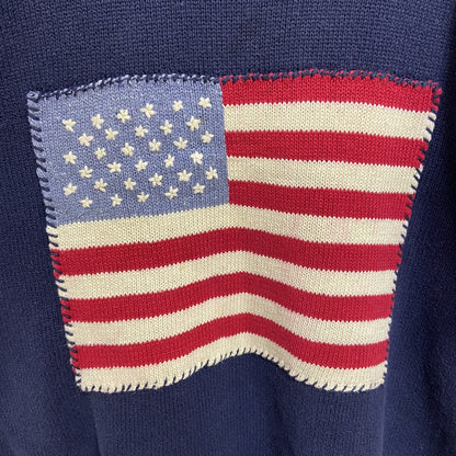 古着 used　～90s　長袖タートルネックニット　セーター　星条旗　アメリカ　国旗　ネイビー　紺色　オーバーサイズ