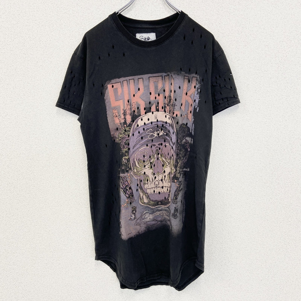 Sik sih　半袖プリントTシャツ　ダメージ加工　リメイク　スカル　アバンギャルド　クルーネック　黒　ブラック　Mサイズ　古着
