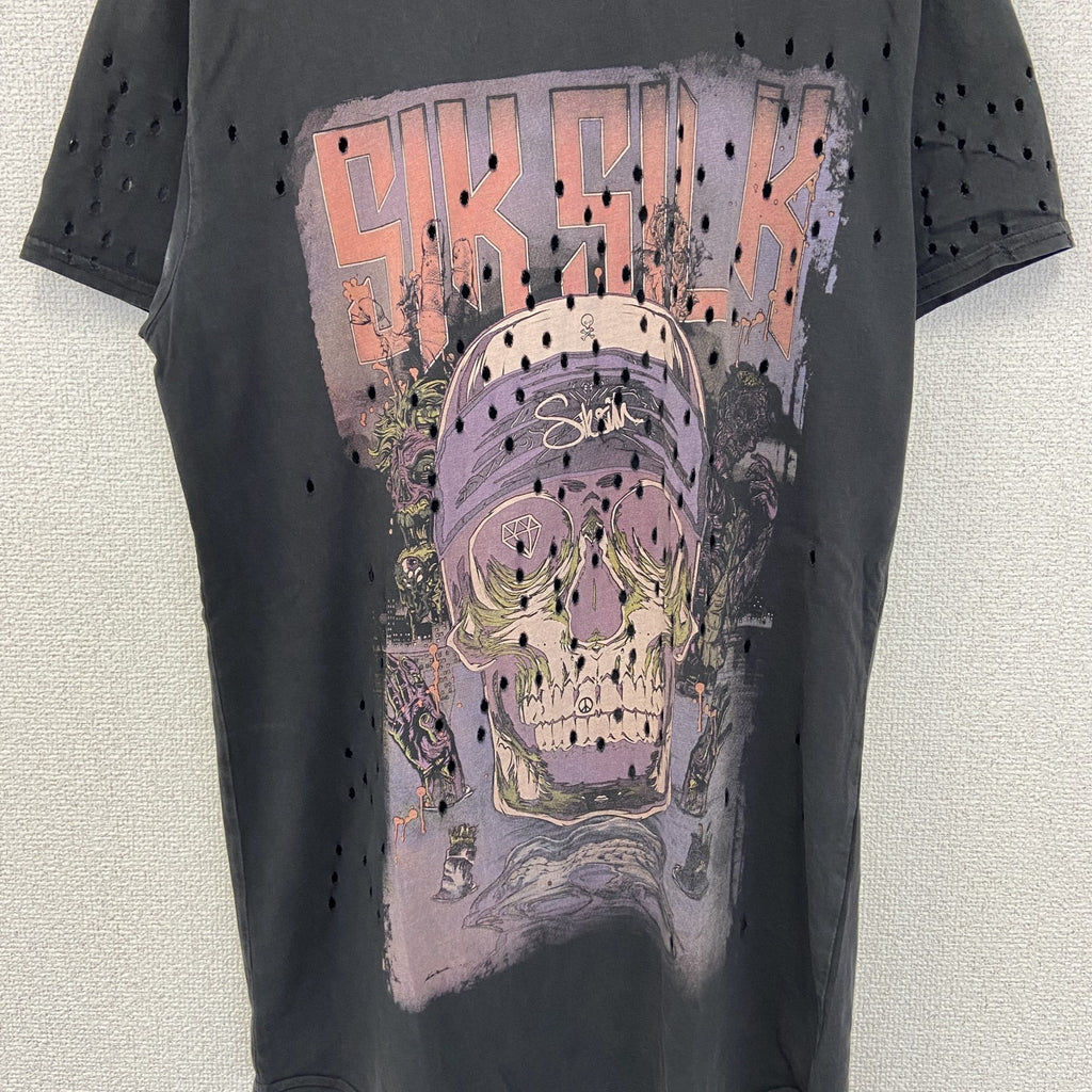 Sik sih　半袖プリントTシャツ　ダメージ加工　リメイク　スカル　アバンギャルド　クルーネック　黒　ブラック　Mサイズ　古着