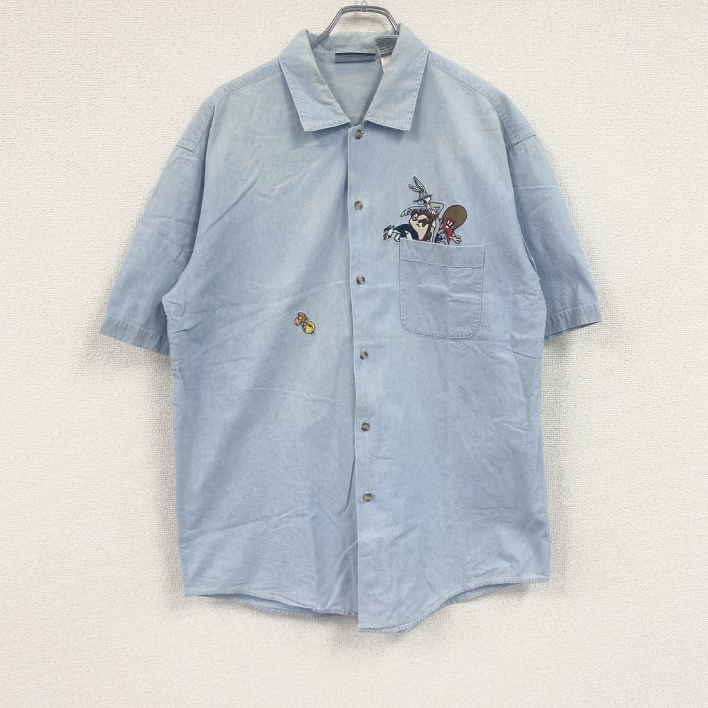 90s　Looney Tunes　Warner Bros.　ワーナーブラザーズ　半袖シャツ　フェード　刺繍ロゴ　ライトブルー　Lサイズ　　ヴィンテージ　古着