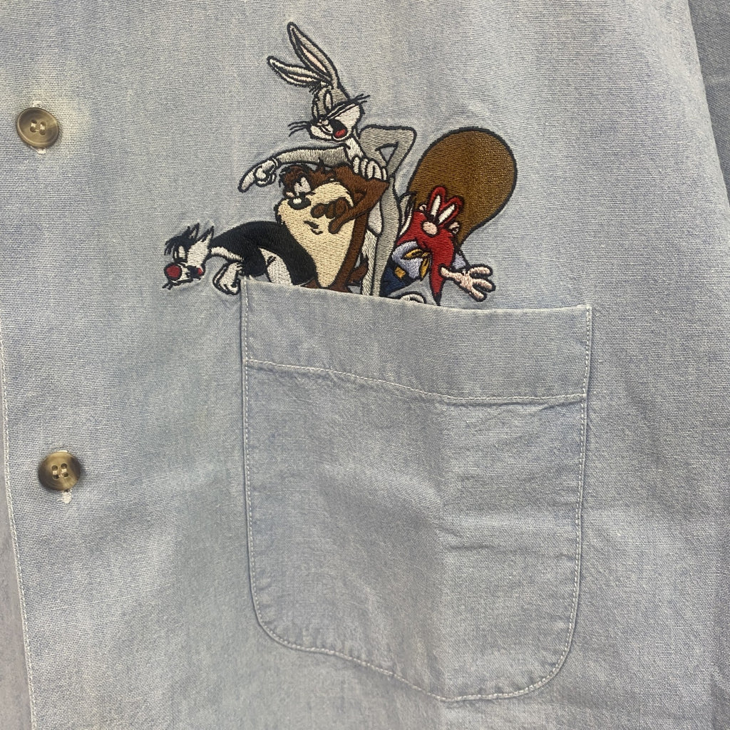 90s　Looney Tunes　Warner Bros.　ワーナーブラザーズ　半袖シャツ　フェード　刺繍ロゴ　ライトブルー　Lサイズ　　ヴィンテージ　古着