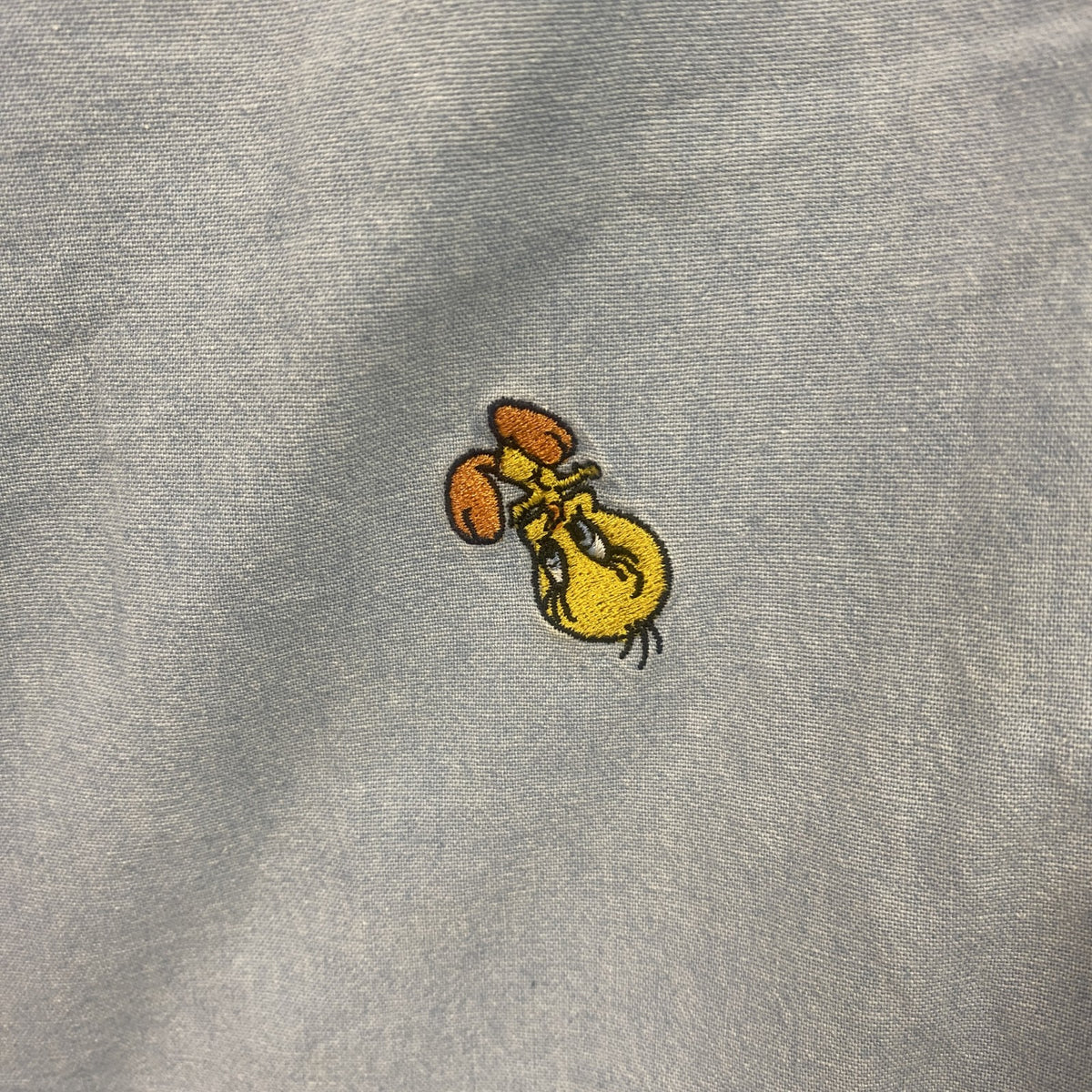 90s　Looney Tunes　Warner Bros.　ワーナーブラザーズ　半袖シャツ　フェード　刺繍ロゴ　ライトブルー　Lサイズ　　ヴィンテージ　古着