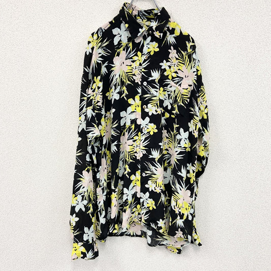 CARDCHE　長袖総柄デザインシャツ　　黒　ブラック　黄　イエロー　　レトロ　XLサイズ