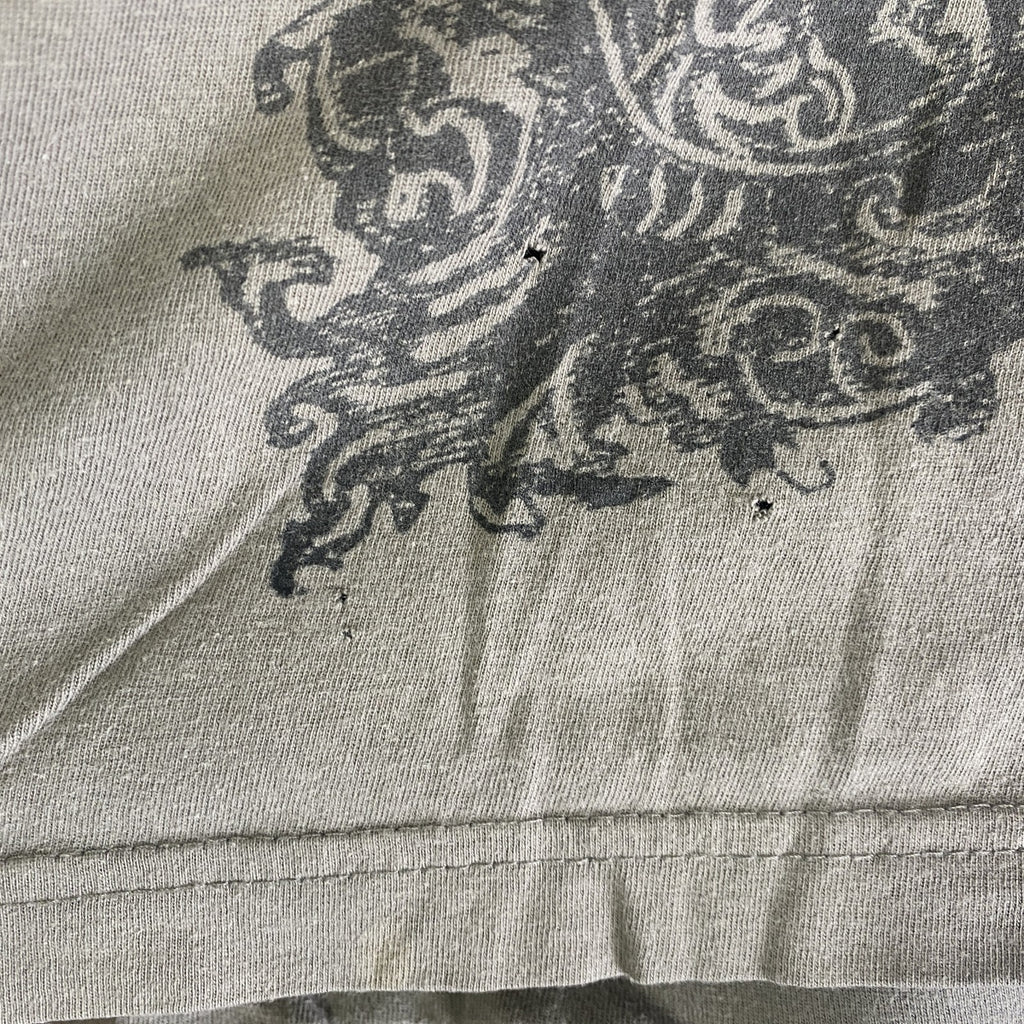 ノーブランド　半袖プリントTシャツ　スカル　エレキギター　ロックデザイン　クルーネック　カーキ色　Mサイズ　古着