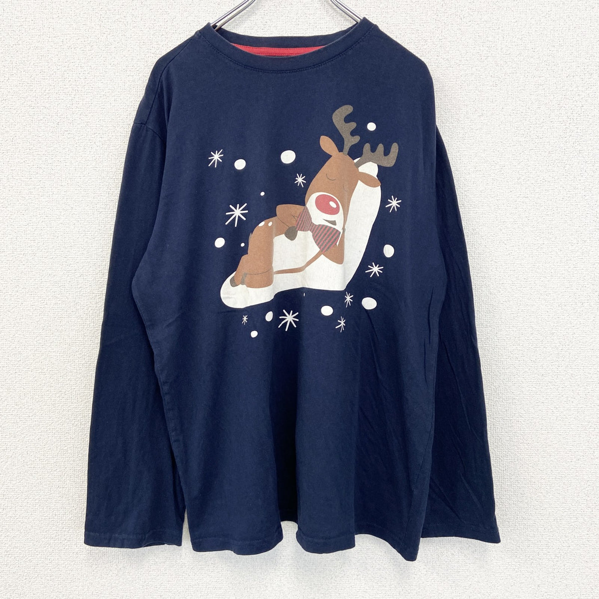 SIR RICH　長袖プリントTシャツ　トナカイ　結晶　カジュアルデザイン　クルーネック　ネイビー　紺　XLサイズ　古着