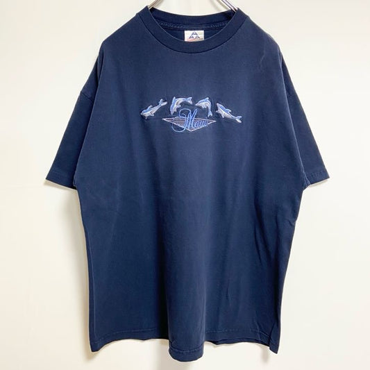 古着 used　ALSTYLE　半袖イルカ刺繍Tシャツ　クルーネック　アニマル　ドルフィン　動物　ネイビー　紺　XLサイズ
