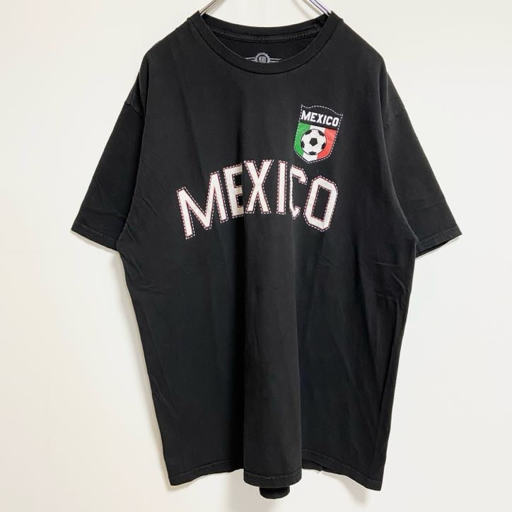 古着 used　MADENGINE　半袖プリントTシャツ　クルーネック　サッカー　メキシコ　黒　ビッグシルエット　XLサイズ