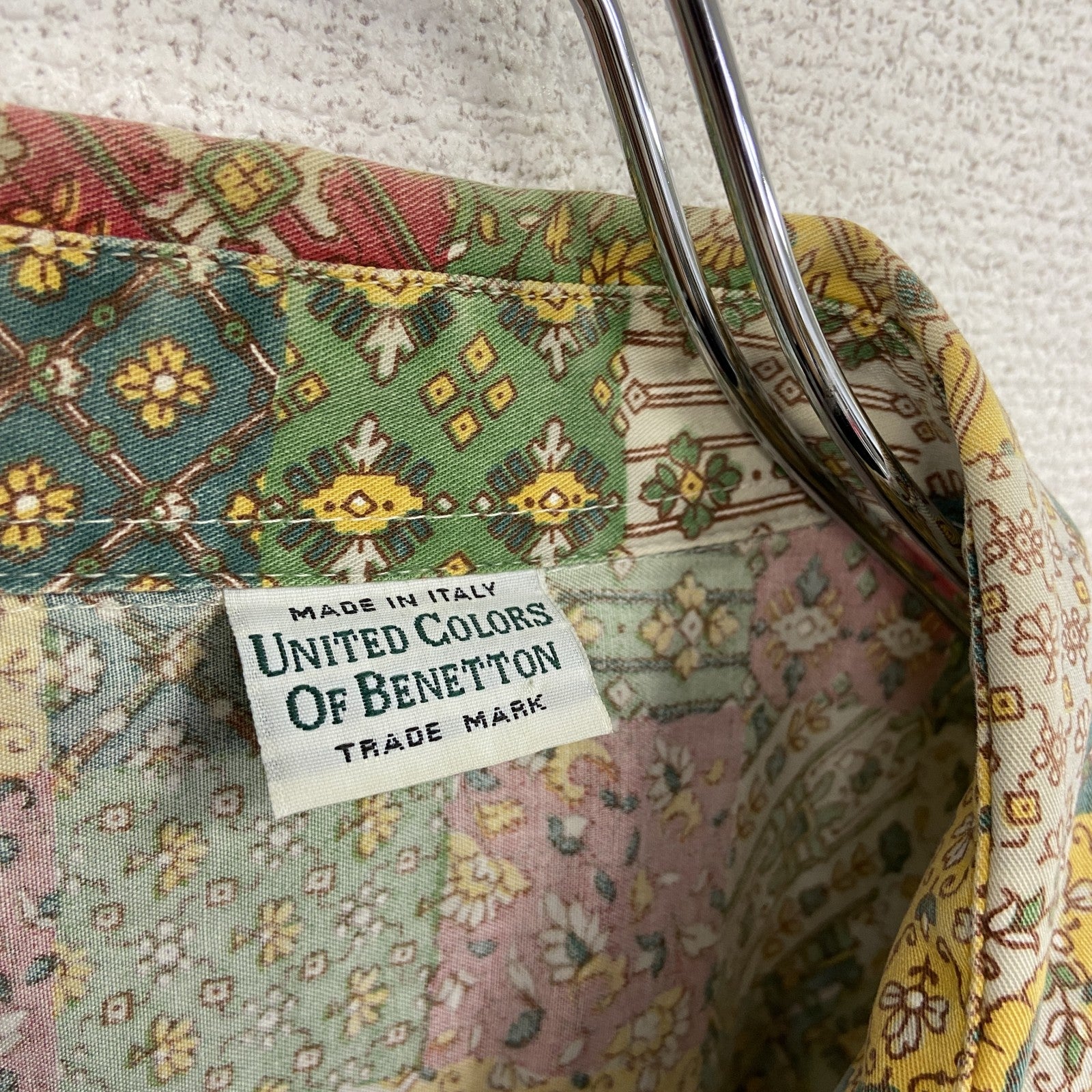 90s　UNITED COLORS OF BENETTON　ベネトン　長袖パッチワークシャツ　総柄　マルチカラー　　ヴィンテージ　古着