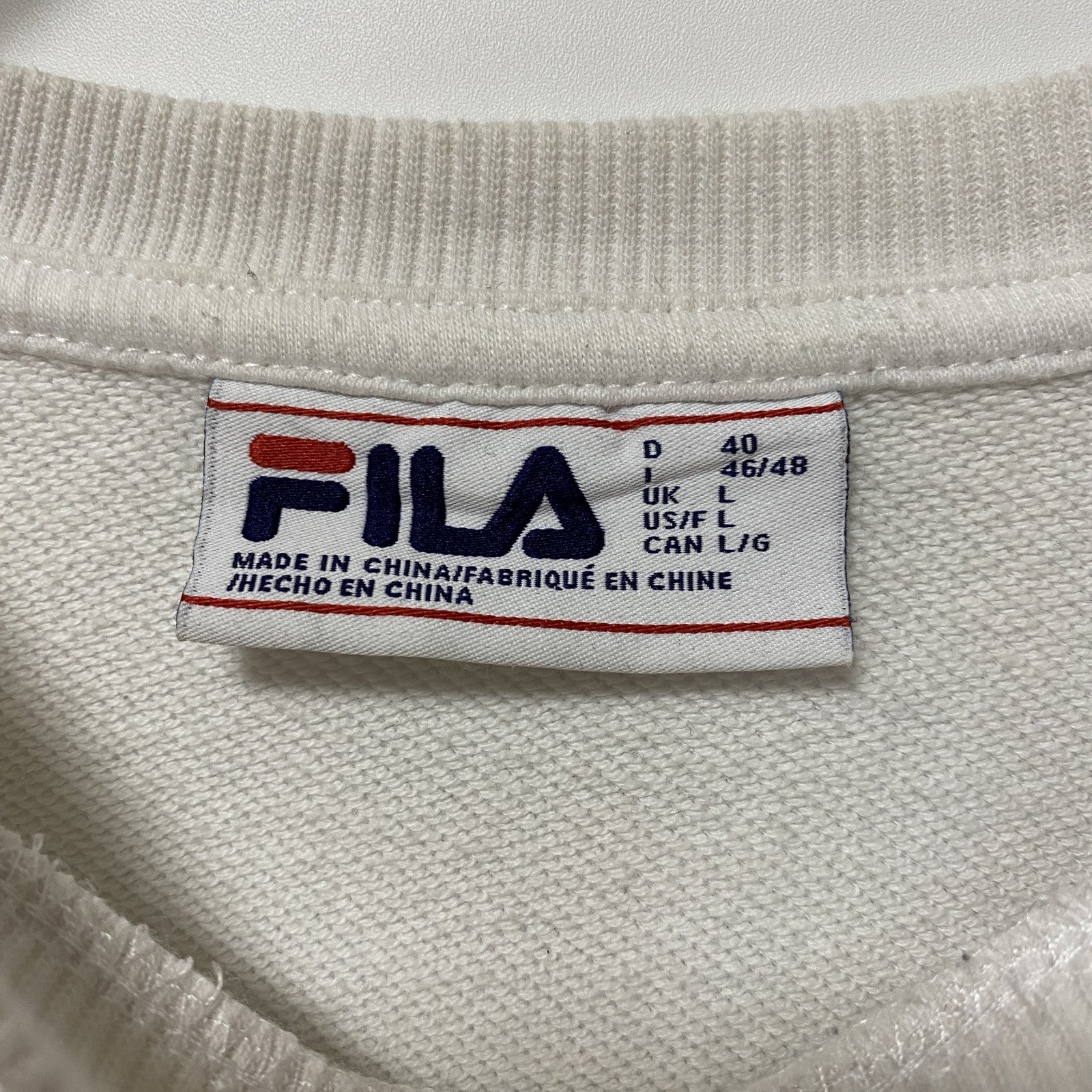 FILA　フィラ　スウェット/トレーナー　リブライン　刺繍ロゴ　ワンポイント　白　ホワイト　Lサイズ　古着