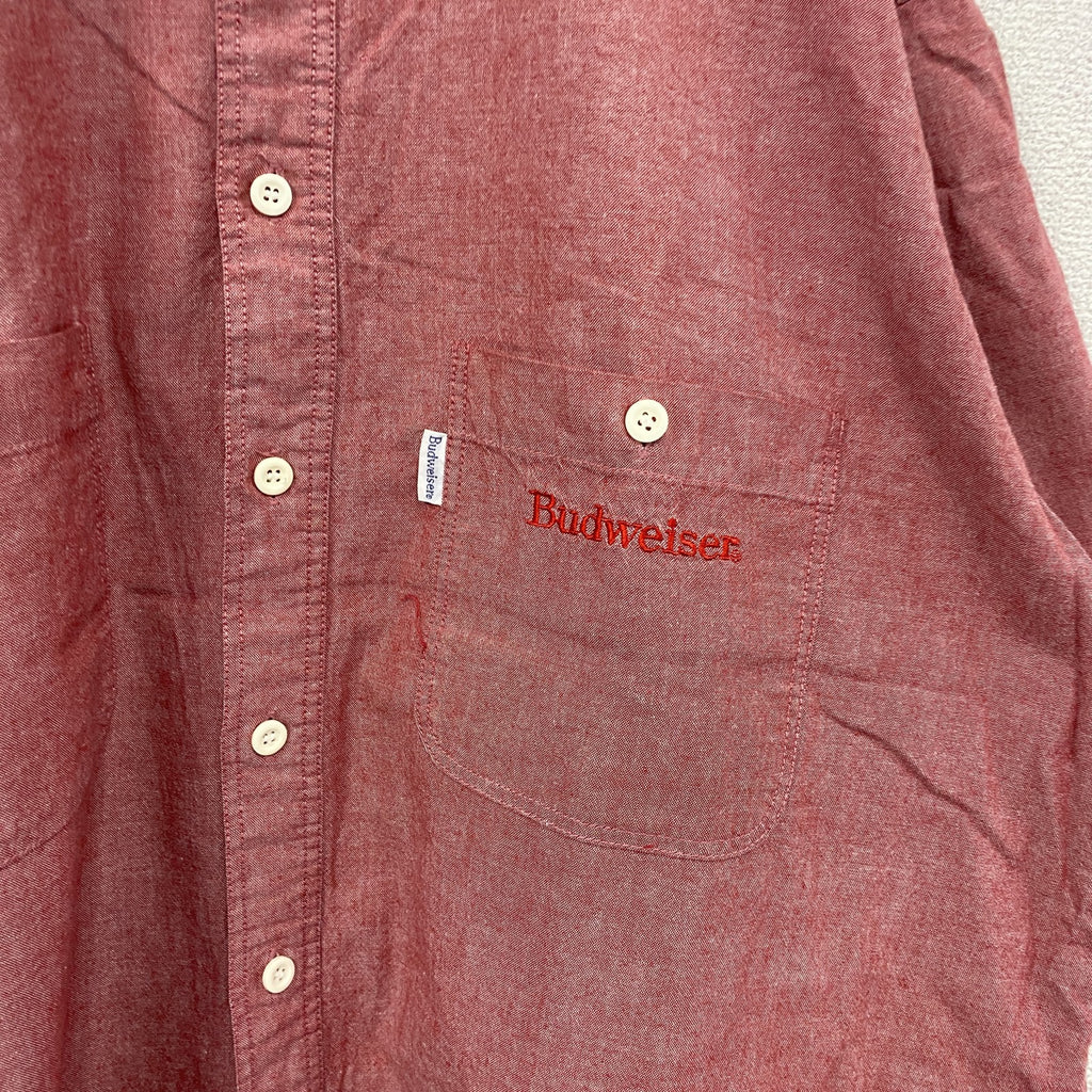 Budweiser　バドワイザー　半袖シャンブレーシャツ　刺繍ロゴ　企業ロゴ　2つポケット　赤　レッド　3Lサイズ　古着
