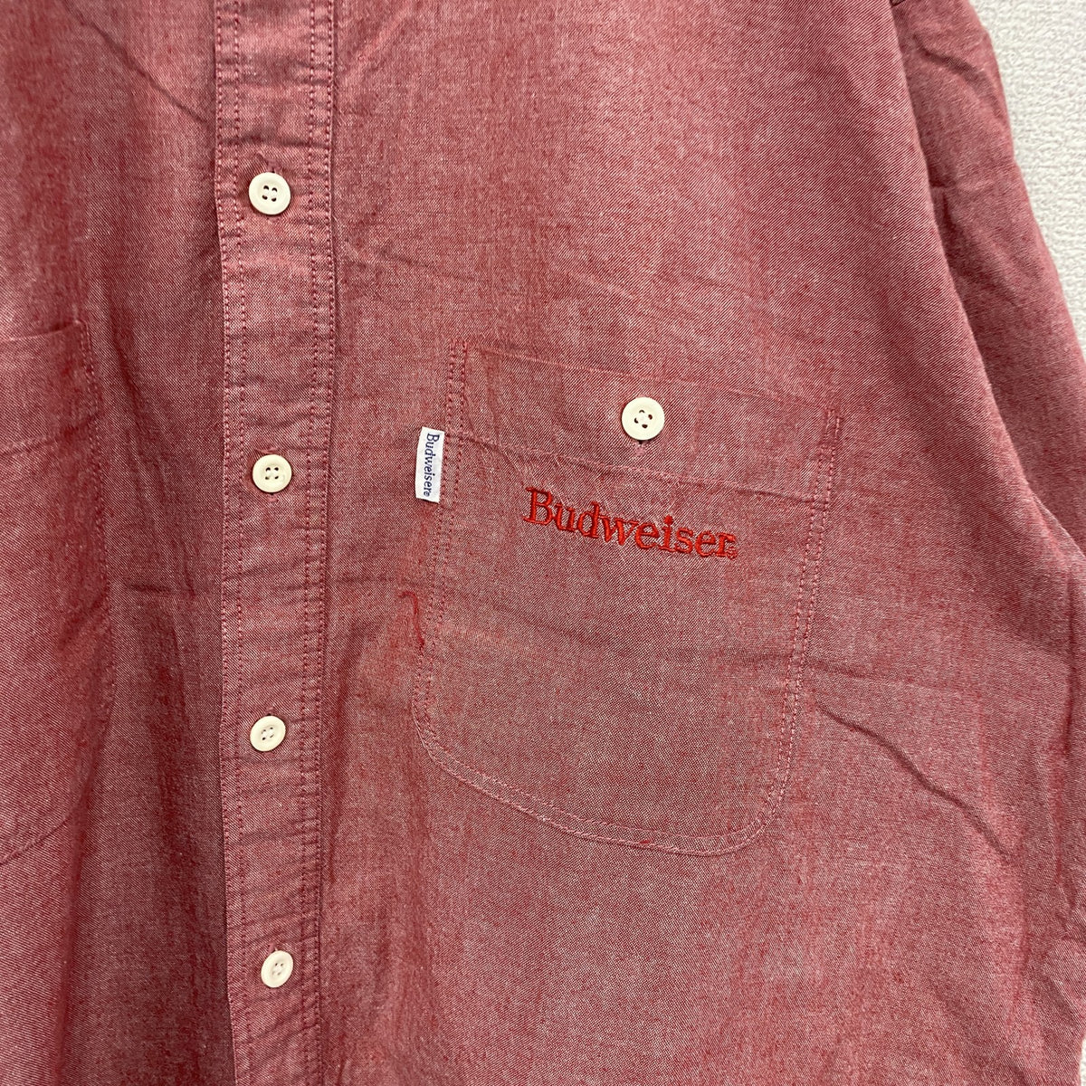 Budweiser　バドワイザー　半袖シャンブレーシャツ　刺繍ロゴ　企業ロゴ　2つポケット　赤　レッド　3Lサイズ　古着