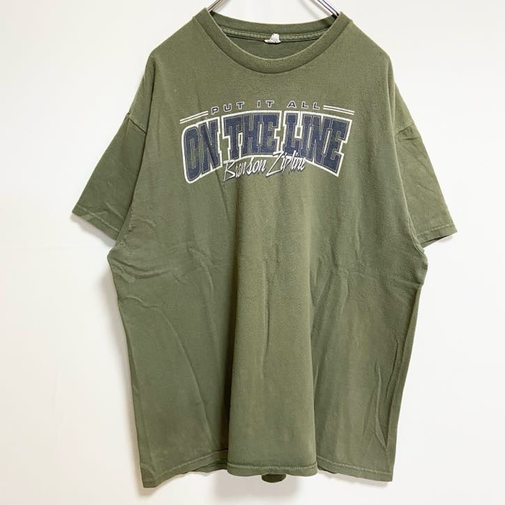 半袖プリントロゴTシャツ　クルーネック　PUTITALL ONTHELINE　カーキ　緑　グリーン　レトロ　Lサイズ　古着