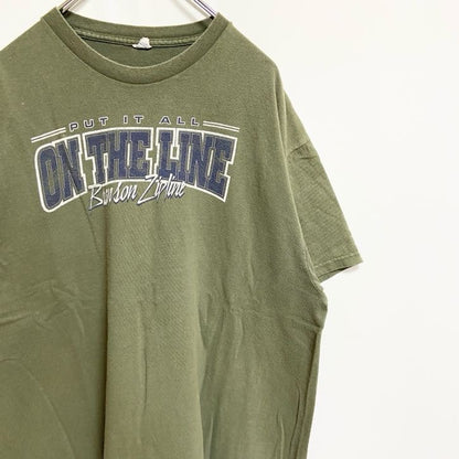 古着 used　半袖プリントロゴTシャツ　クルーネック　PUTITALL ONTHELINE　カーキ　緑　レトロ　Lサイズ