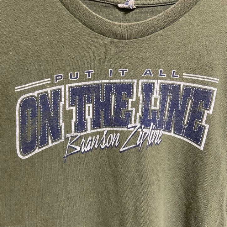 古着 used　半袖プリントロゴTシャツ　クルーネック　PUTITALL ONTHELINE　カーキ　緑　レトロ　Lサイズ