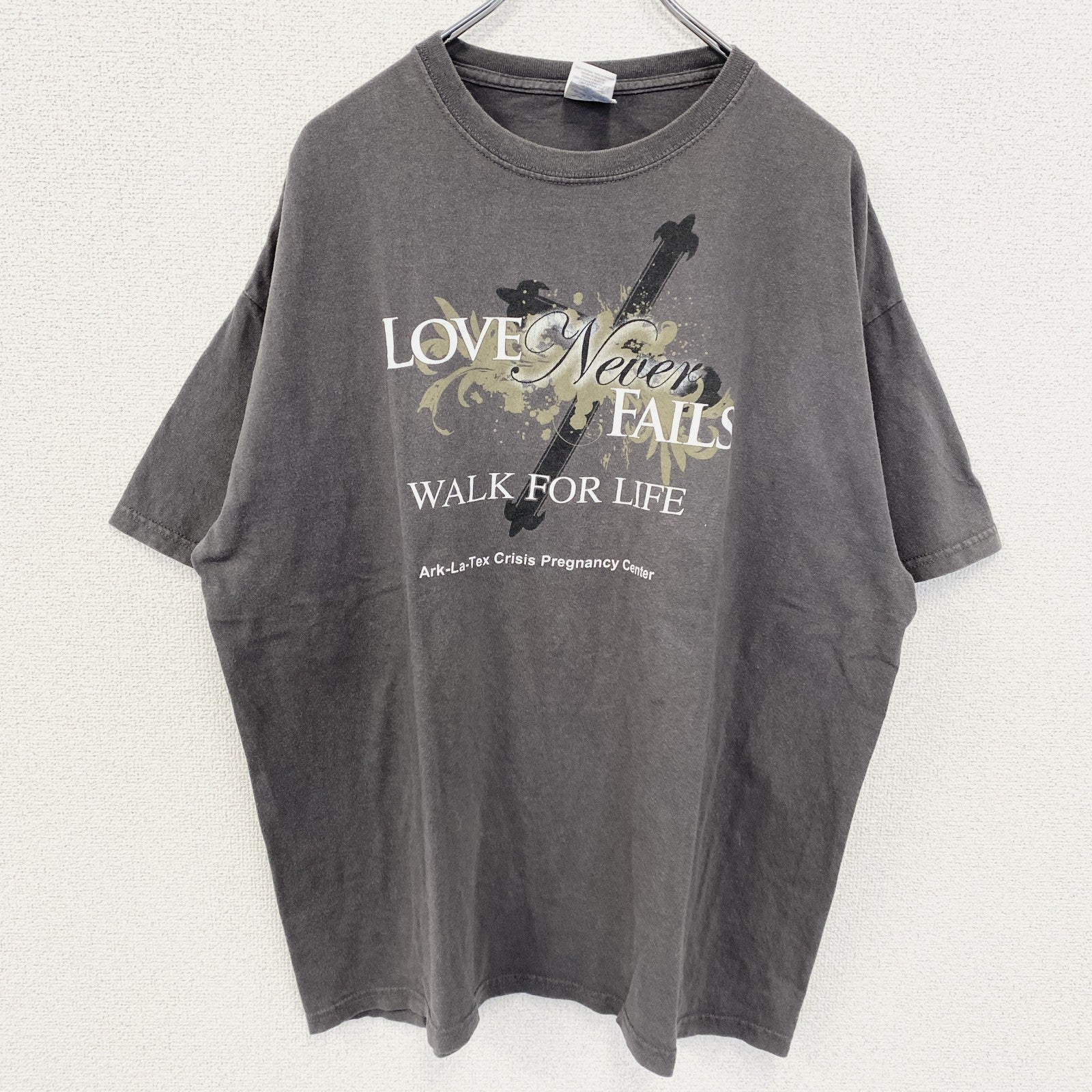 GILDAN　ギルダン　半袖デザインプリントTシャツ　フェード　ビックシルエット　クルーネック　灰色　グレー　XLサイズ　古着