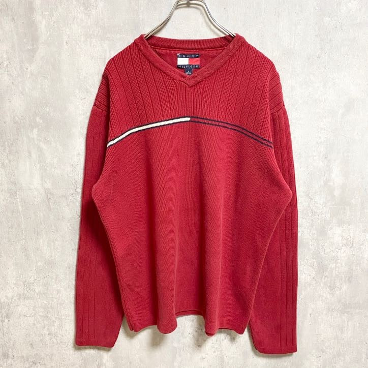TOMMY HILFIGER トミーヒルフィガー　長袖Vネックニット　セーター　赤　レッド　秋冬服　Mサイズ　古着