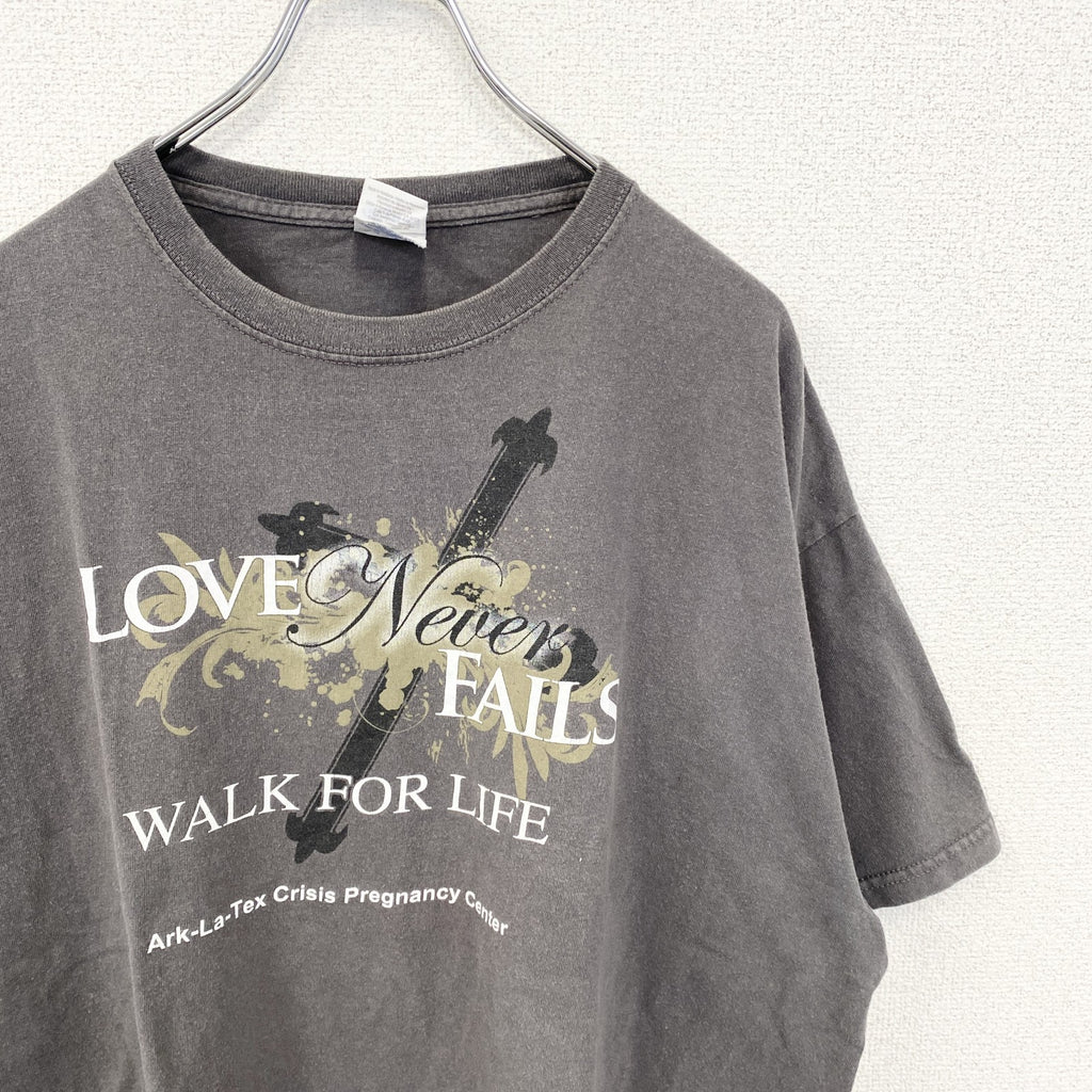 GILDAN　ギルダン　半袖デザインプリントTシャツ　フェード　ビックシルエット　クルーネック　灰色　グレー　XLサイズ　古着