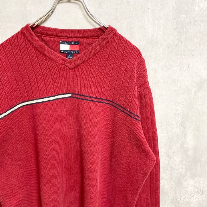 TOMMY HILFIGER トミーヒルフィガー　長袖Vネックニット　セーター　赤　レッド　秋冬服　Mサイズ　古着