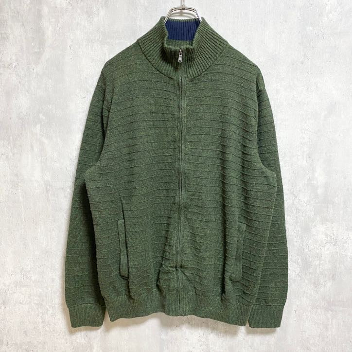 NAUTICA ノーティカ　長袖ニットカーディガン　ジップアップセーター　深緑　ハイネック　秋冬服　Mサイズ　古着