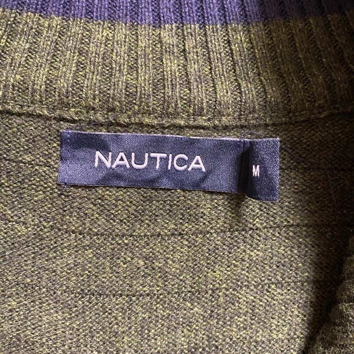 NAUTICA ノーティカ　長袖ニットカーディガン　ジップアップセーター　深緑　ハイネック　秋冬服　Mサイズ　古着