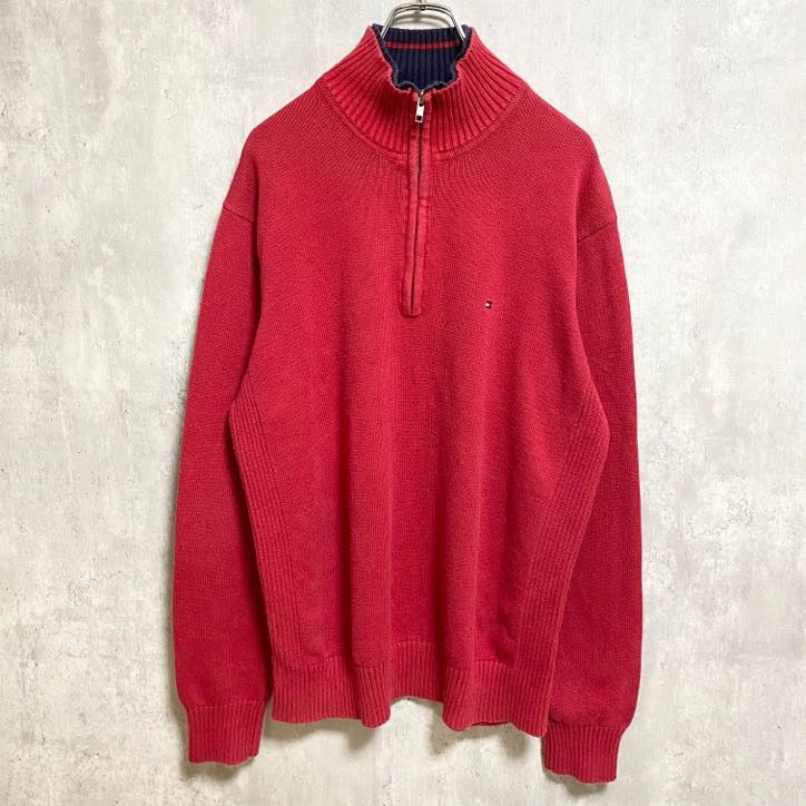 TOMMY HILFIGER トミーヒルフィガー　長袖ハーフジップニット　セーター　ロゴ刺繍　赤　レッド　Lサイズ　古着