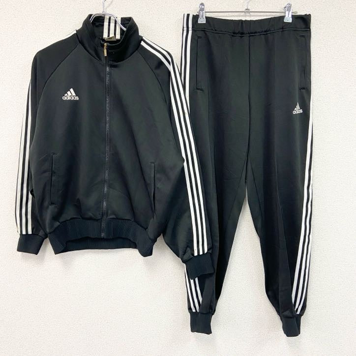 90s　adidas　アディダス　デサント　ジャージセットアップ　トラックジャケット　トラックパンツ　ラグランスリーブ　刺繍ロゴ　パフォーマンスロゴ　スリーストライプス　ヴィンテージ　黒　ブラック　Oサイズ　古着