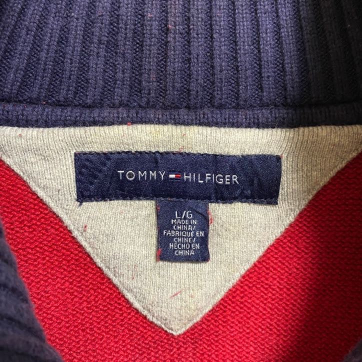 TOMMY HILFIGER トミーヒルフィガー　長袖ハーフジップニット　セーター　ロゴ刺繍　赤　レッド　Lサイズ　古着