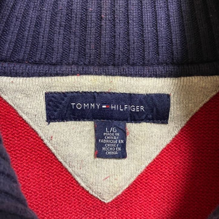 古着 used　TOMMY HILFIGER トミーヒルフィガー　長袖ハーフジップニット　セーター　ロゴ刺繍　赤　Lサイズ