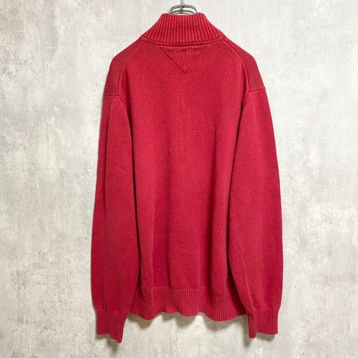 TOMMY HILFIGER トミーヒルフィガー　長袖ハーフジップニット　セーター　ロゴ刺繍　赤　レッド　Lサイズ　古着