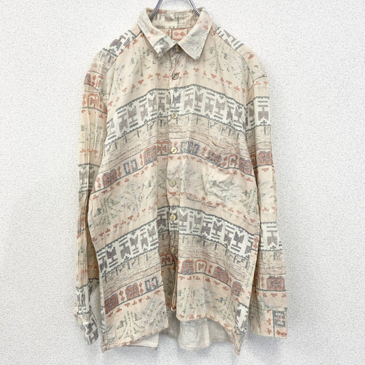 古着 used　長袖プリント柄シャツ　エスニックデザイン　ネイティブ柄　総柄　個性的　レトロ　ベージュ　Lサイズ
