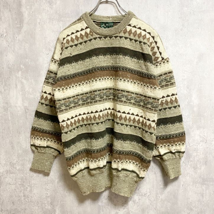 90s　NSETT　ウールニットセーター　ノルディック柄　ボーダー柄　アメカジ　ヴィンテージ　総柄　Sサイズ　古着
