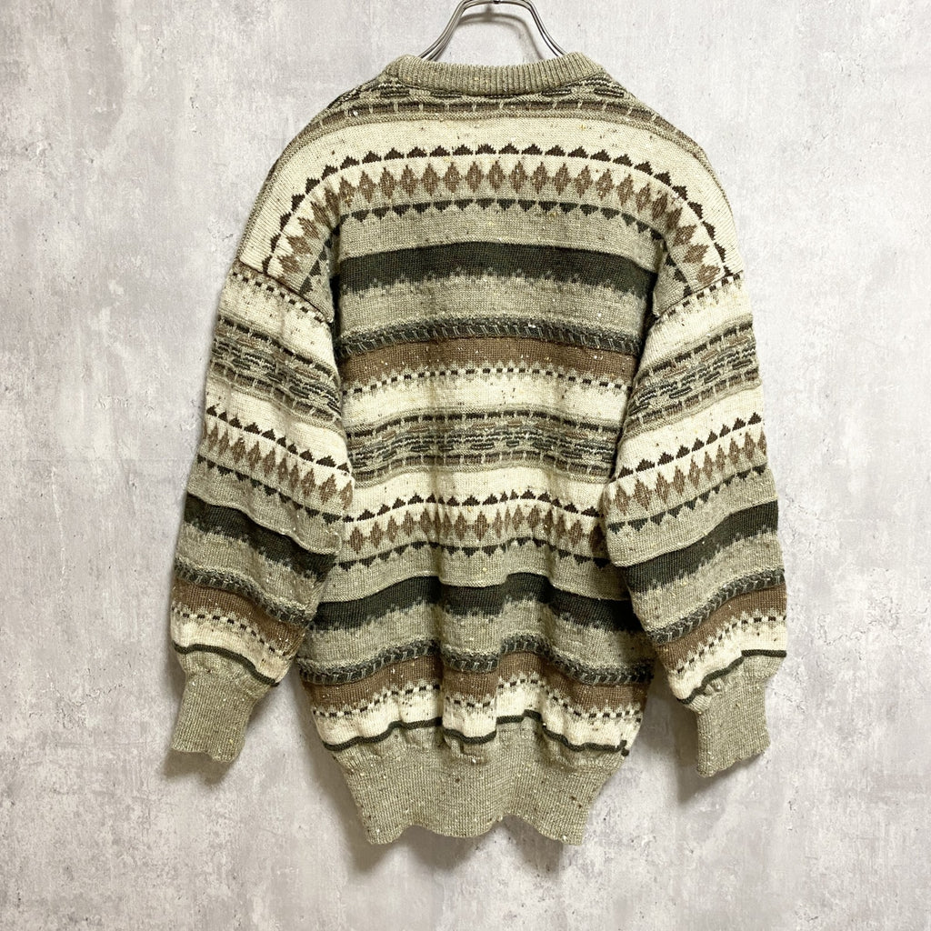 90s　NSETT　ウールニットセーター　ノルディック柄　ボーダー柄　アメカジ　ヴィンテージ　総柄　Sサイズ　古着