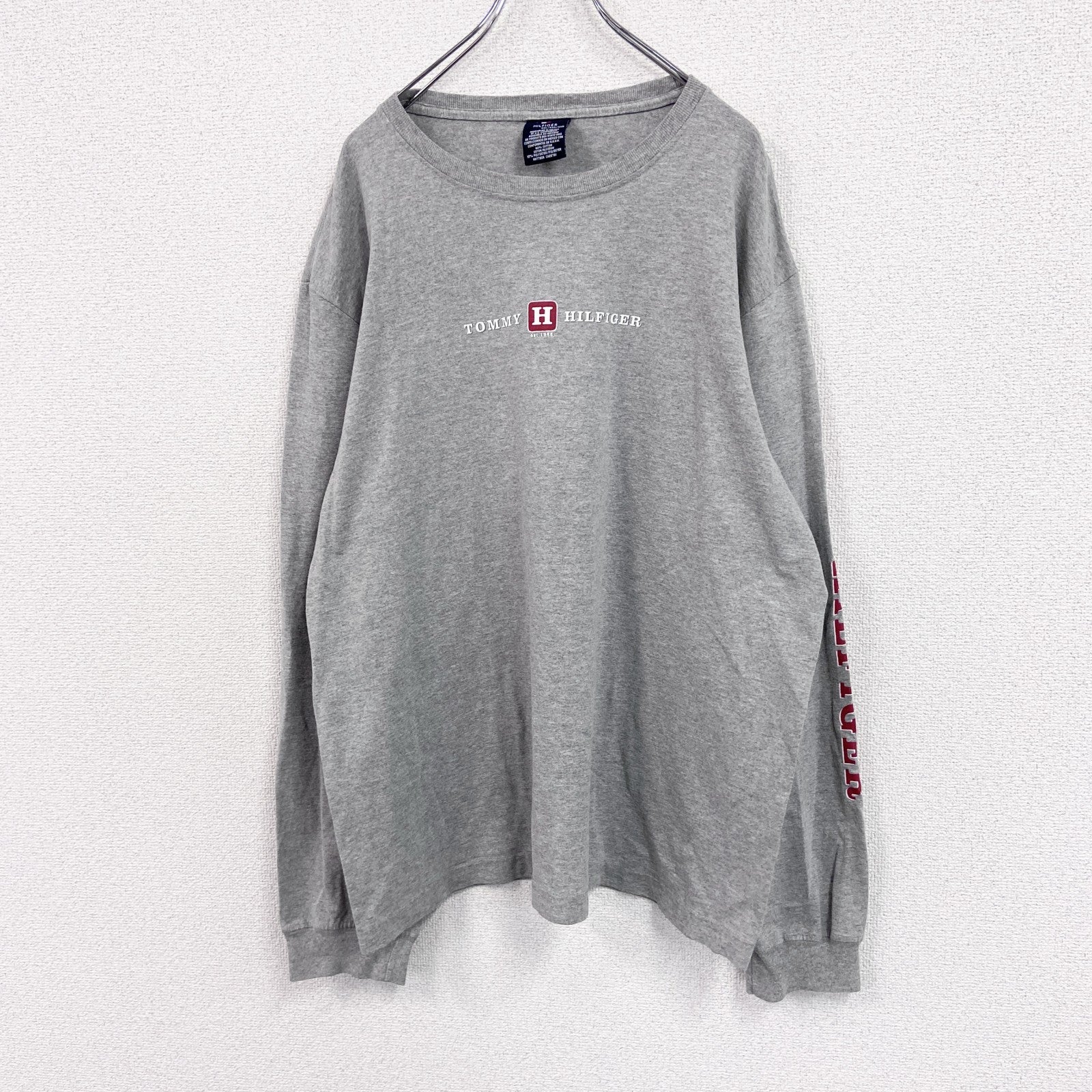 90s～　TOMMY HILFIGER　トミーヒルフィガー　長袖プリントTシャツ/ロンT　グレー　灰色　XXLサイズ　　ヴィンテージ　古着