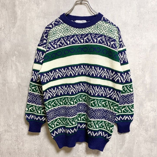 ～90s　ATTITUDE　アクリルニットセーター　ノルディック柄　ヴィンテージ　青　緑　白　Mサイズ