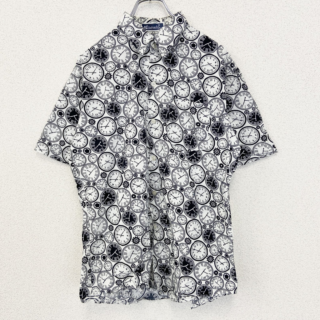 Kaewfa　半袖プリント柄シャツ　歯車　時計　カジュアル　個性的デザイン　襟付き　総柄　レトロ　XXLサイズ　古着