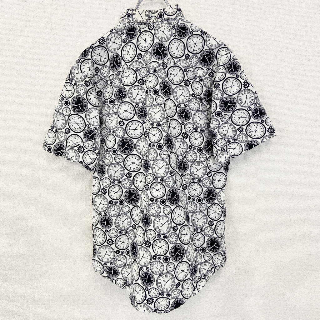 Kaewfa　半袖プリント柄シャツ　歯車　時計　カジュアル　個性的デザイン　襟付き　総柄　レトロ　XXLサイズ　古着