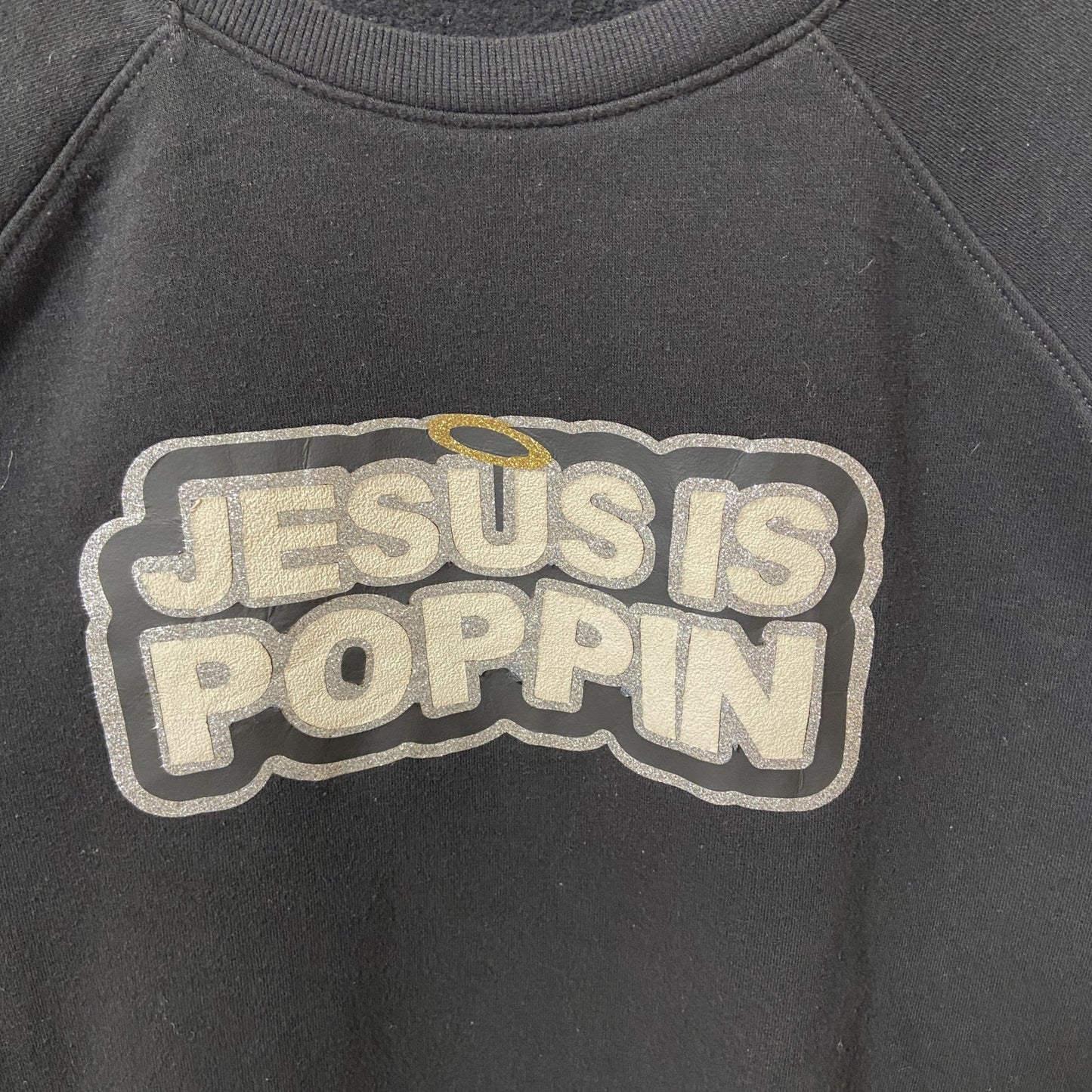 古着 used　JESUS IS POPPIN　長袖プリントスウェット　トレーナー　黒　ブラック　ラグラン袖　Lサイズ