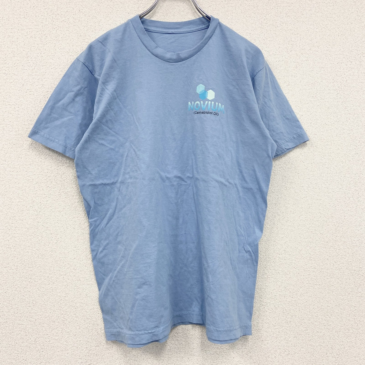 NOVIUM　半袖プリントTシャツ　企業T　両面プリント　ワンポイント　クルーネック　水色　ブルー　古着