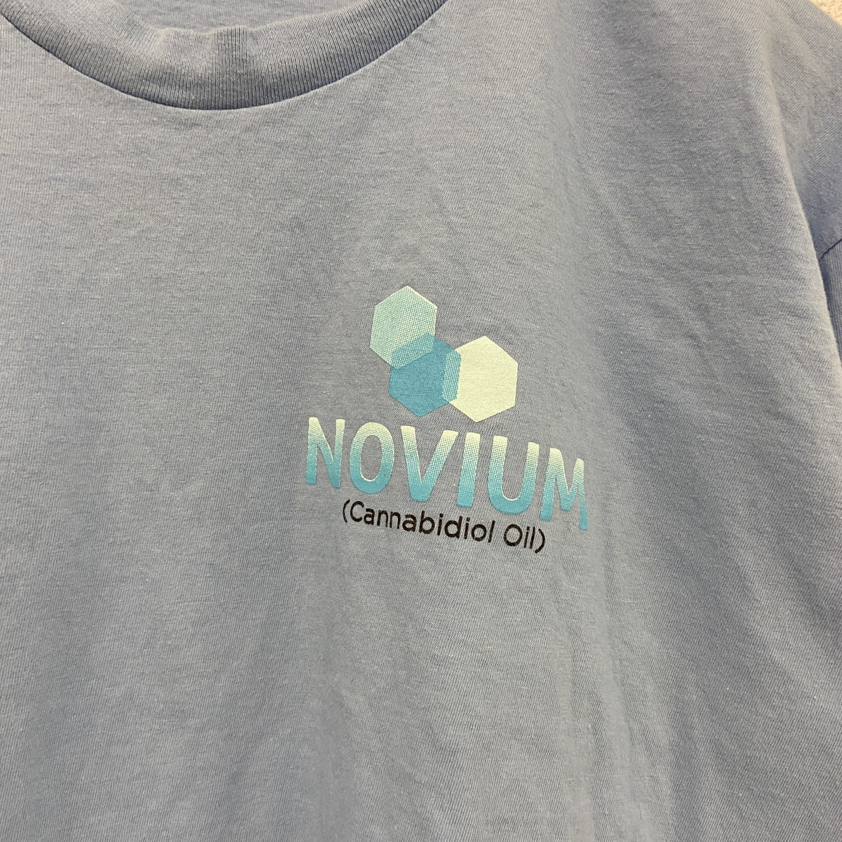 NOVIUM　半袖プリントTシャツ　企業T　両面プリント　ワンポイント　クルーネック　水色　ブルー　古着
