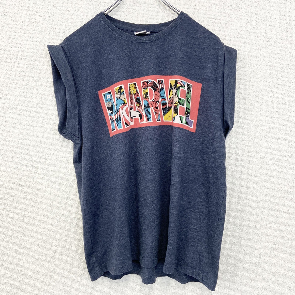 MARVEL マーベル　半袖オリジナルプリントTシャツ　カジュアルデザイン　ネイビー　紺　クルーネック　Mサイズ　古着