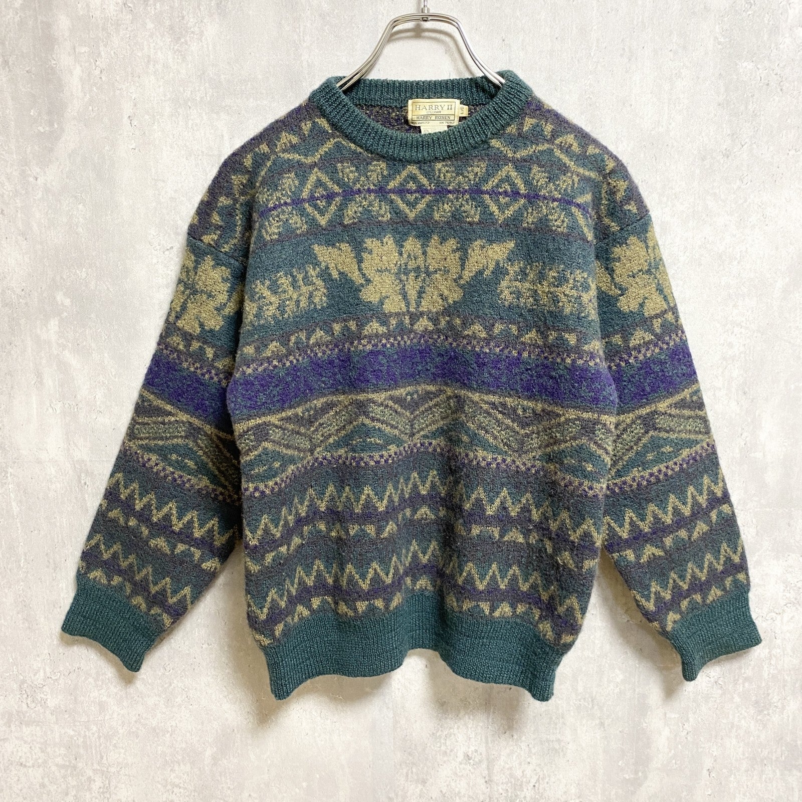 HARRY ROSEN　長袖クルーネックニット　セーター　ノルディック柄　総柄　レトロデザイン　秋冬服　Sサイズ　古着