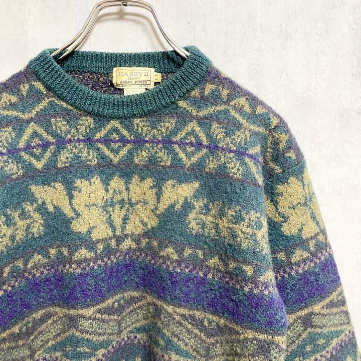 HARRY ROSEN　長袖クルーネックニット　セーター　ノルディック柄　総柄　レトロデザイン　秋冬服　Sサイズ　古着