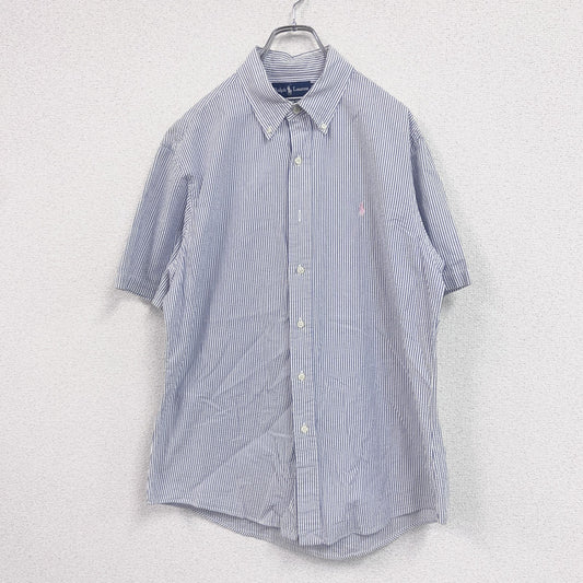 RALPH LAUREN　ラルフローレン　CUSTOM FIT　半袖ボタンダウンシャツ　ストライプ　青　Lサイズ