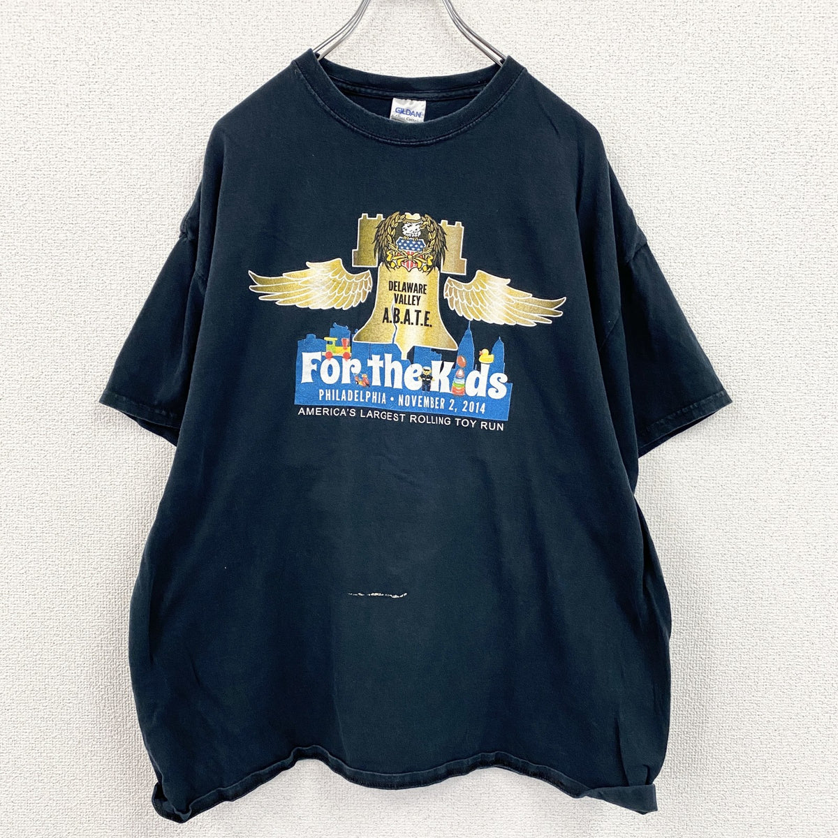 GILDAN　ギルダン　半袖プリントTシャツ　両面プリント　企業ロゴ　アーチプリント　紺　ネイビー　XLサイズ　古着