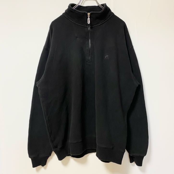 FILA フィラ　長袖ハーフジップワンポイントロゴ刺繍スウェット　パーカー　ハイネック　黒　ブラック　XLサイズ　古着