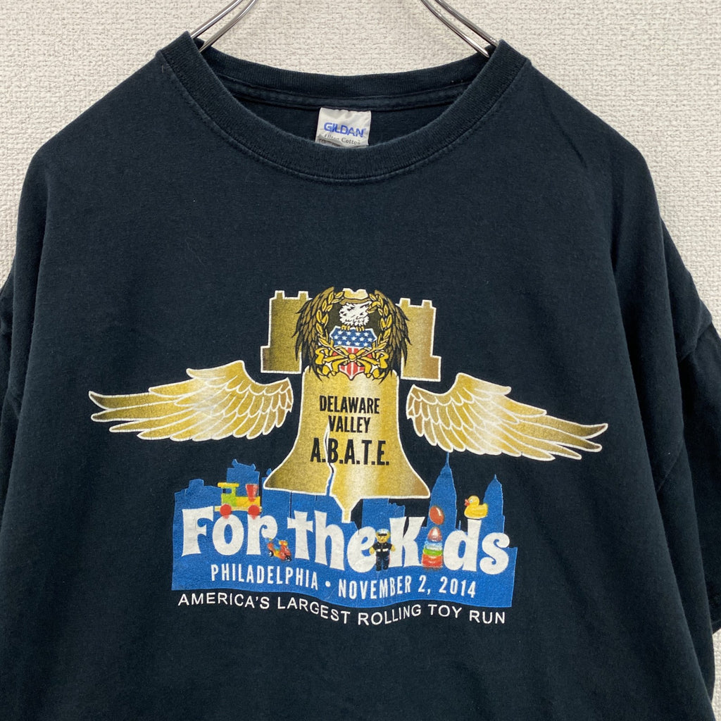 GILDAN　ギルダン　半袖プリントTシャツ　両面プリント　企業ロゴ　アーチプリント　紺　ネイビー　XLサイズ　古着