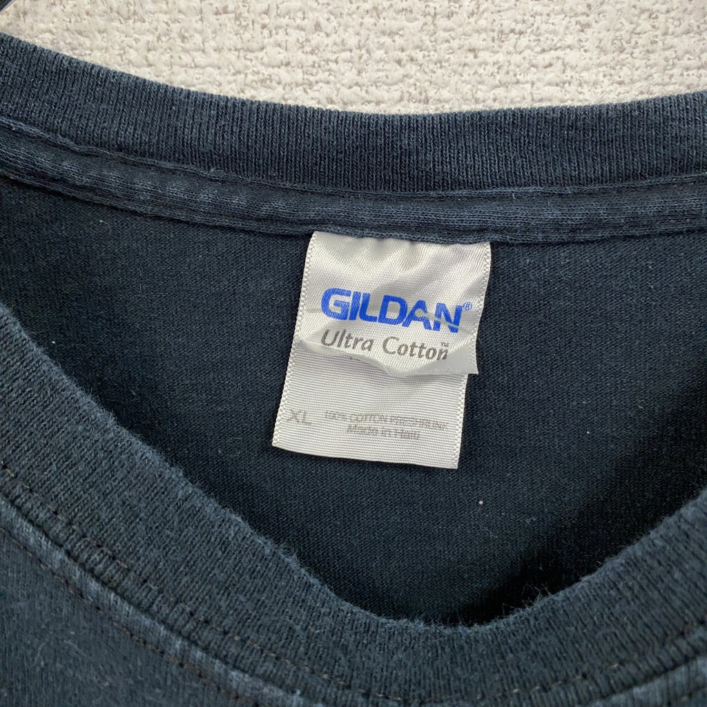 GILDAN　ギルダン　半袖プリントTシャツ　両面プリント　企業ロゴ　アーチプリント　紺　ネイビー　XLサイズ　古着