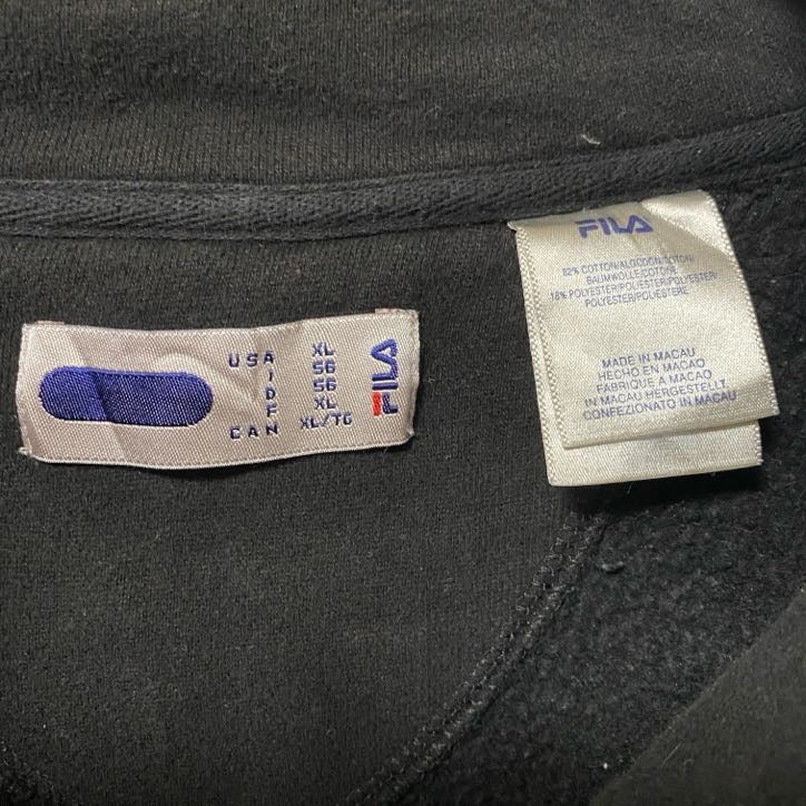 FILA フィラ　長袖ハーフジップワンポイントロゴ刺繍スウェット　パーカー　ハイネック　黒　ブラック　XLサイズ　古着