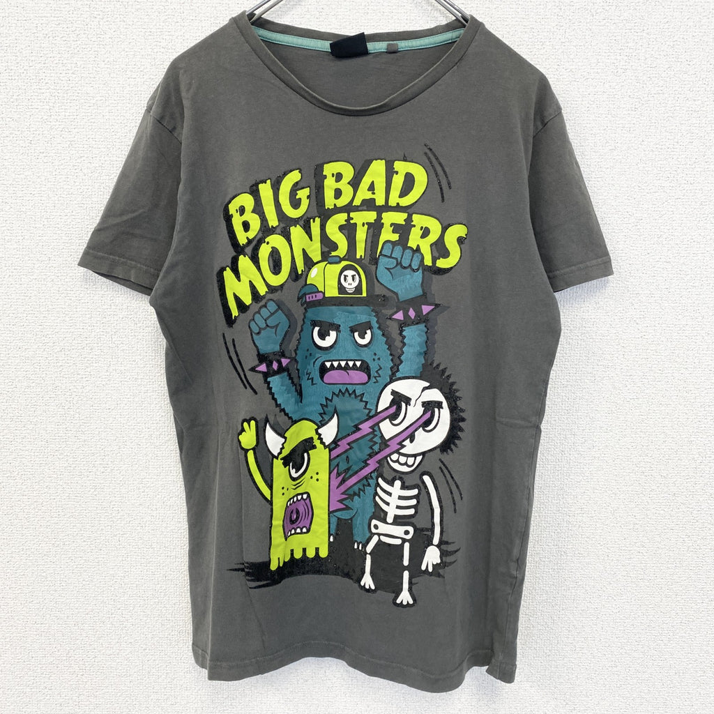FISHBOVE　半袖プリントTシャツ　スカル　骸骨　モンスター　クルーネック　ダークグレー　Lサイズ　古着