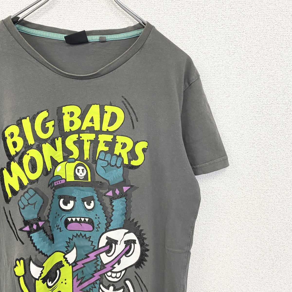 FISHBOVE　半袖プリントTシャツ　スカル　骸骨　モンスター　クルーネック　ダークグレー　Lサイズ　古着